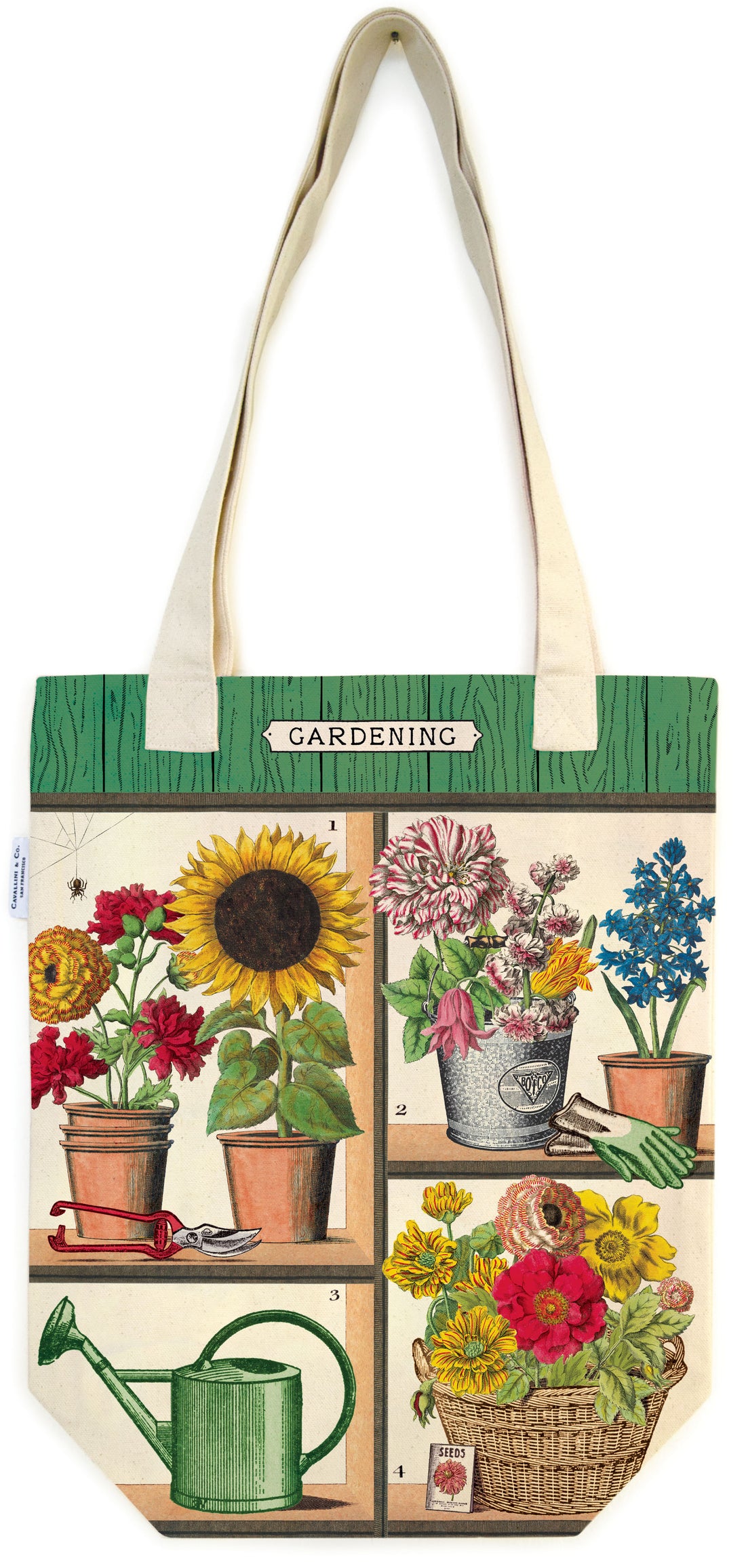 A Gardening Tote Bag from Cavallini Papers &amp; Co with pots of flowers and a watering can.