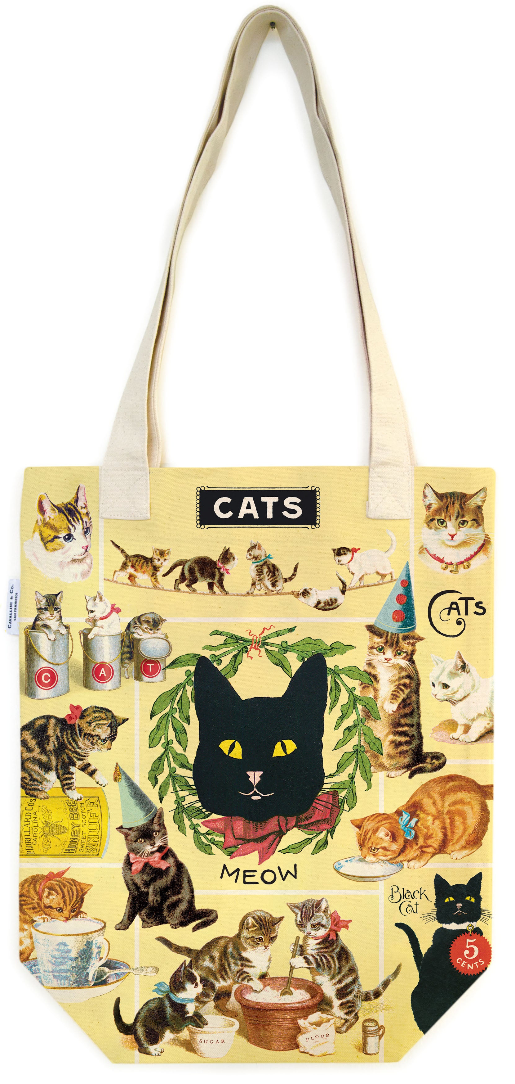 Tote bag with cat-themed design featuring various cats and text on a yellow background.