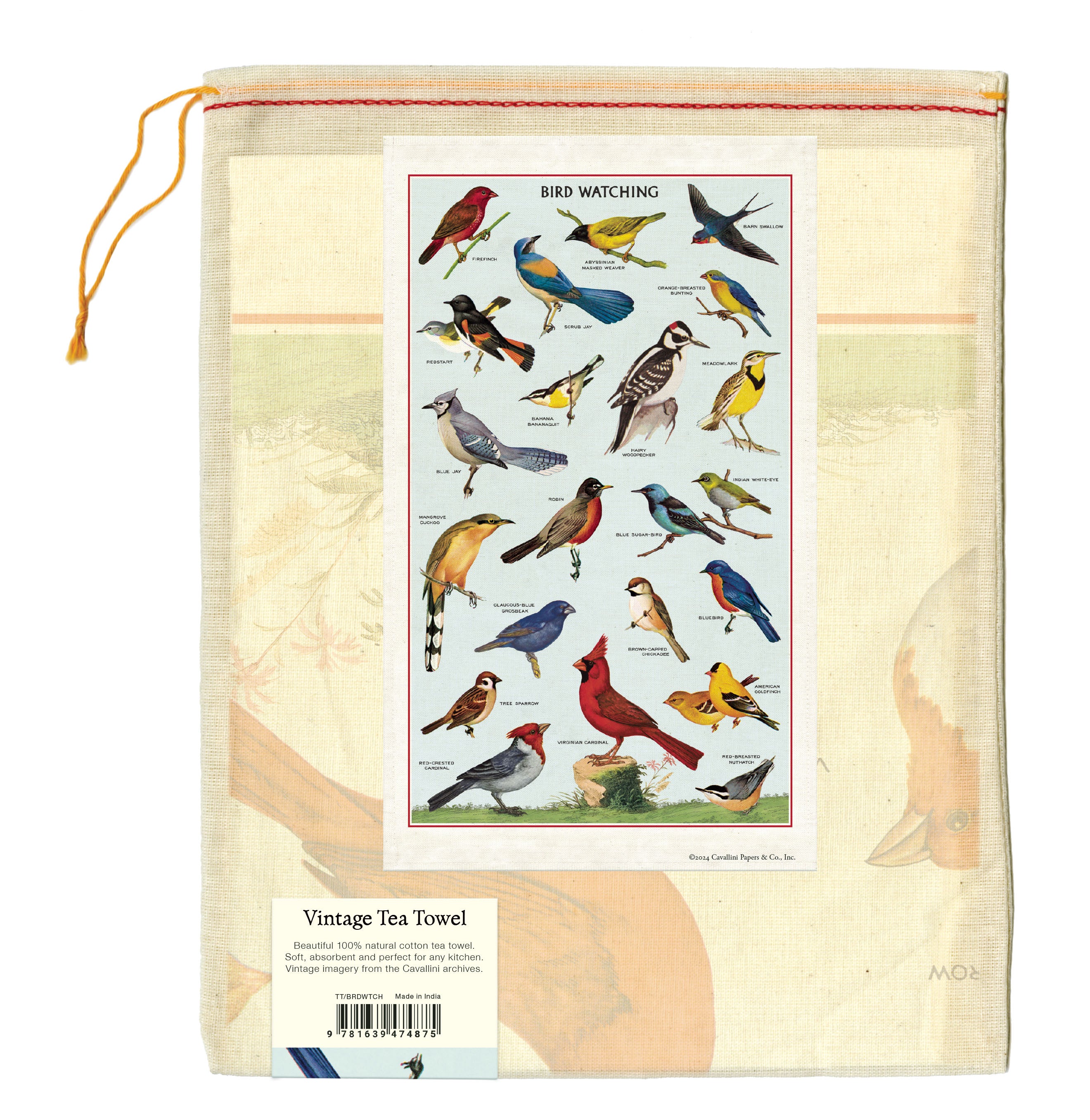 The back of the Bird Watching Tea Towel bag showing an image of the tea towel and additional information.