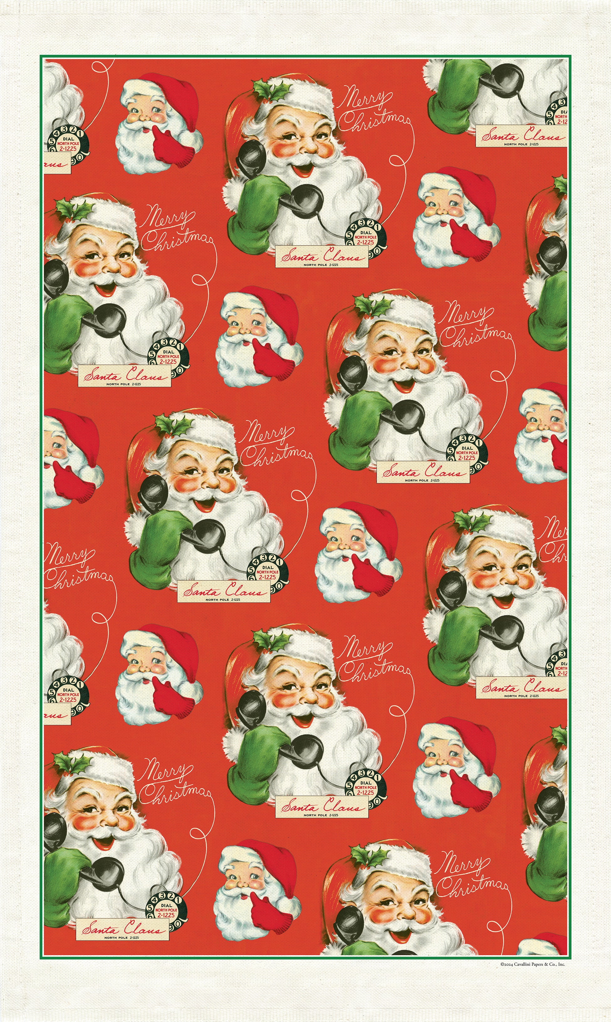 Tea towel by Cavallini with an illustration of a vintage-style Santa Claus holding a phone on a red background.