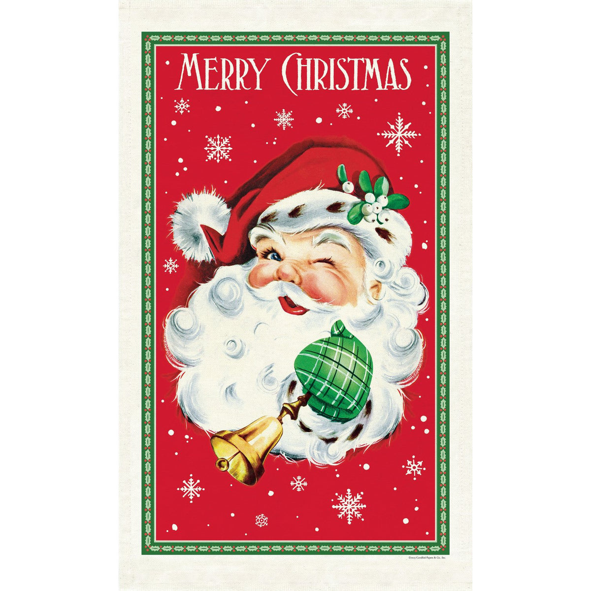 Tea towel with Santa winking on it.