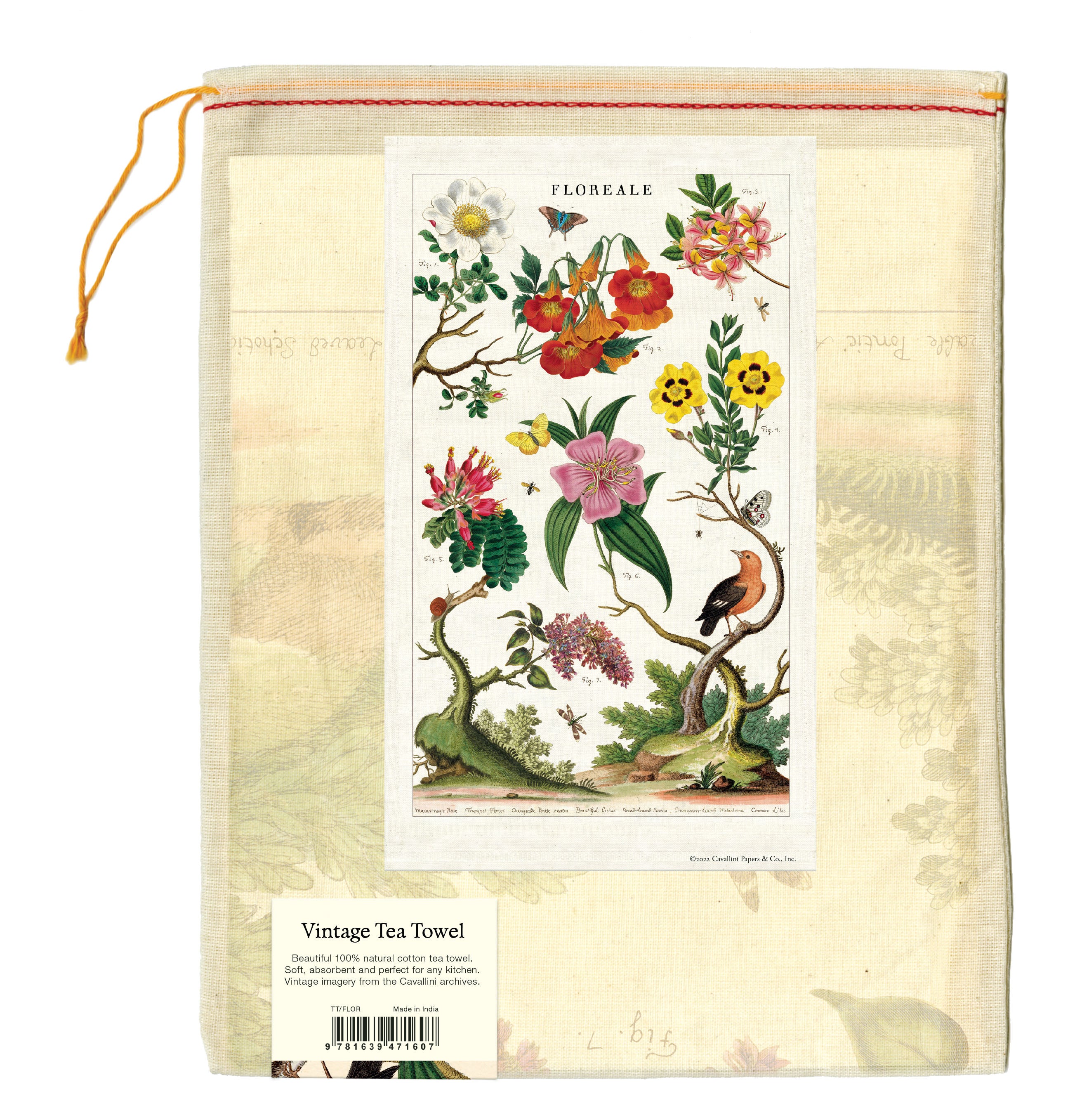 Illustration of various flowers and a Floreale tea towel, labeled with numbers corresponding to species, in a classic botanical chart style inspired by vintage Cavallini Papers & Co flower images.