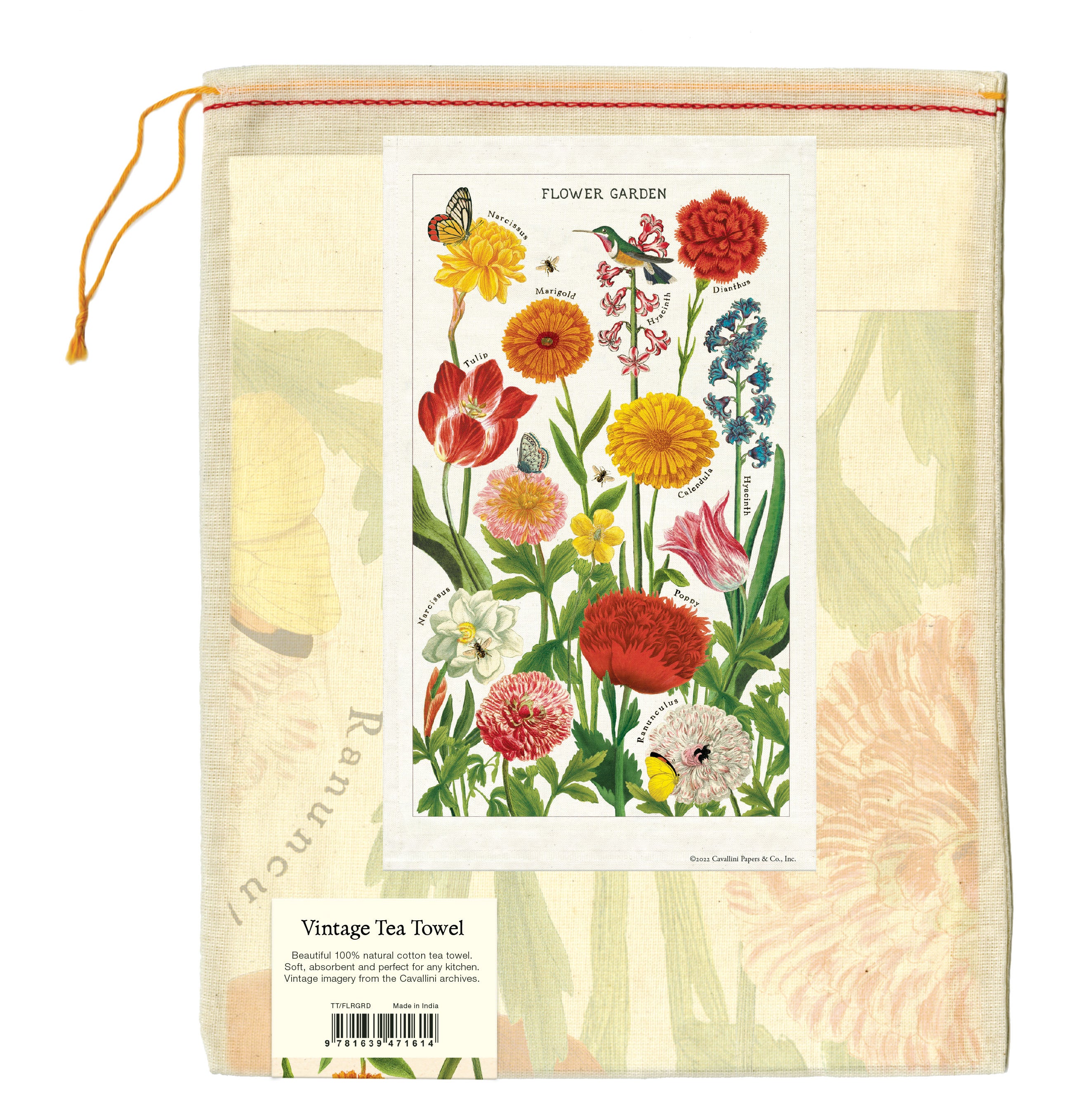 Back of the muslin bag the Cavallini Flower Garden Tea Towel comes in.