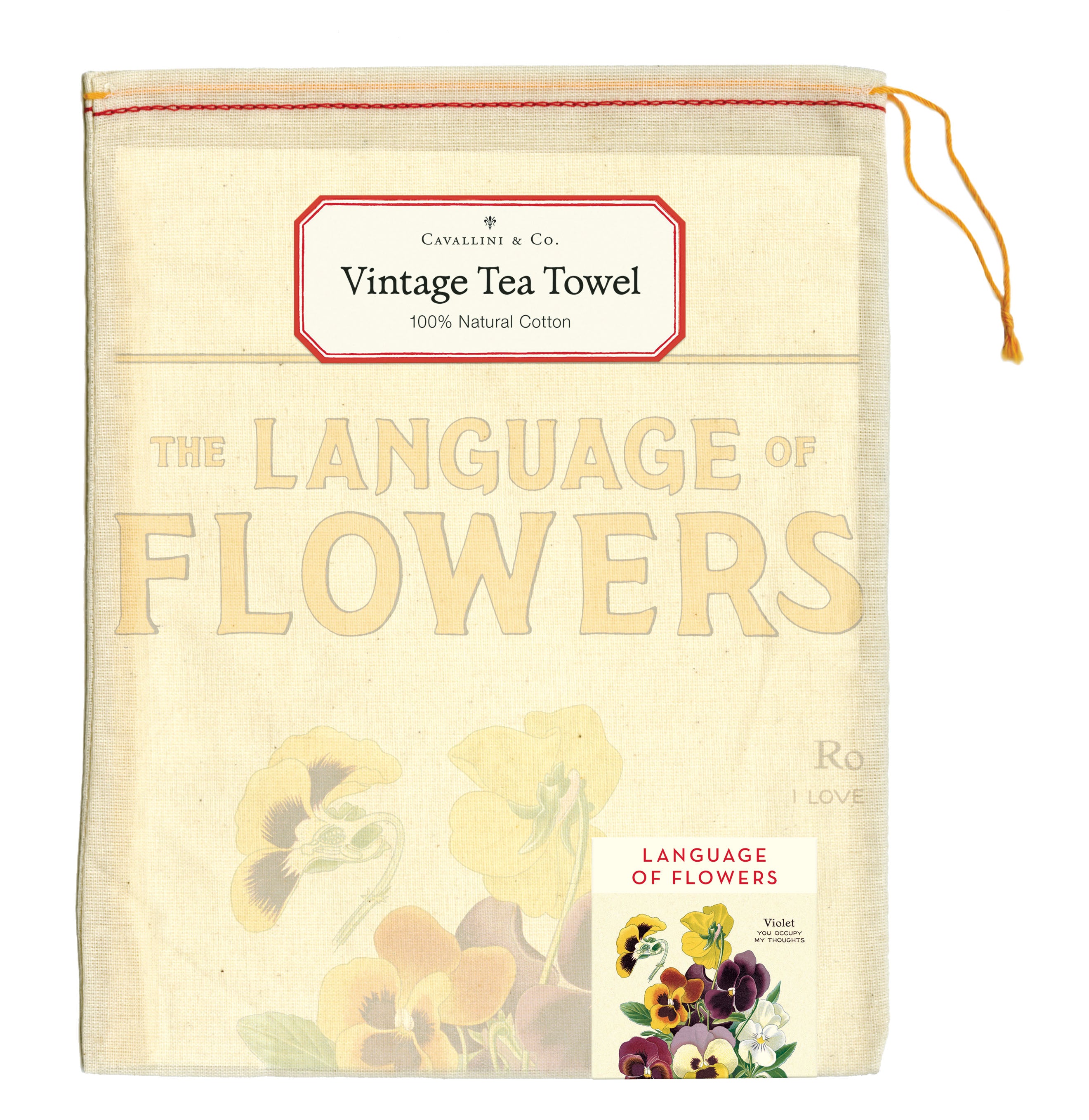 The front of the Language of Flowers Tea Towel bag which is a muslin drawstring.