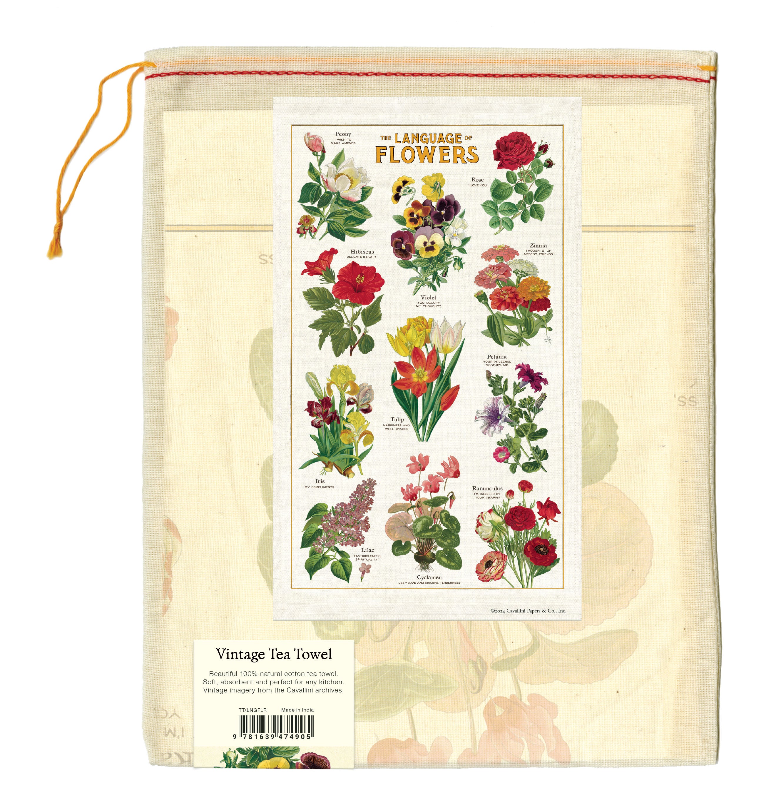 The back of the Language of Flowers Tea Towel bag showing the full towel.