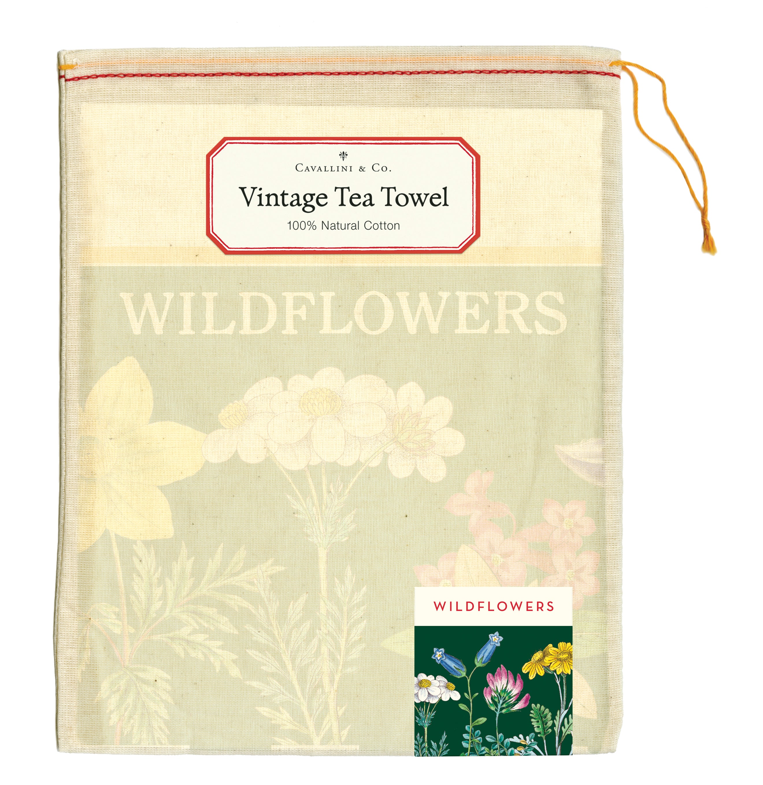 The front of the Wildflowers 2 Tea Towel muslin drawstring bag.