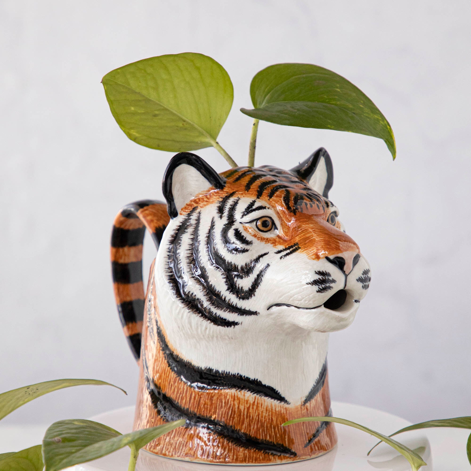 A set of quirky Quail tiger ceramic vases on a wooden table.