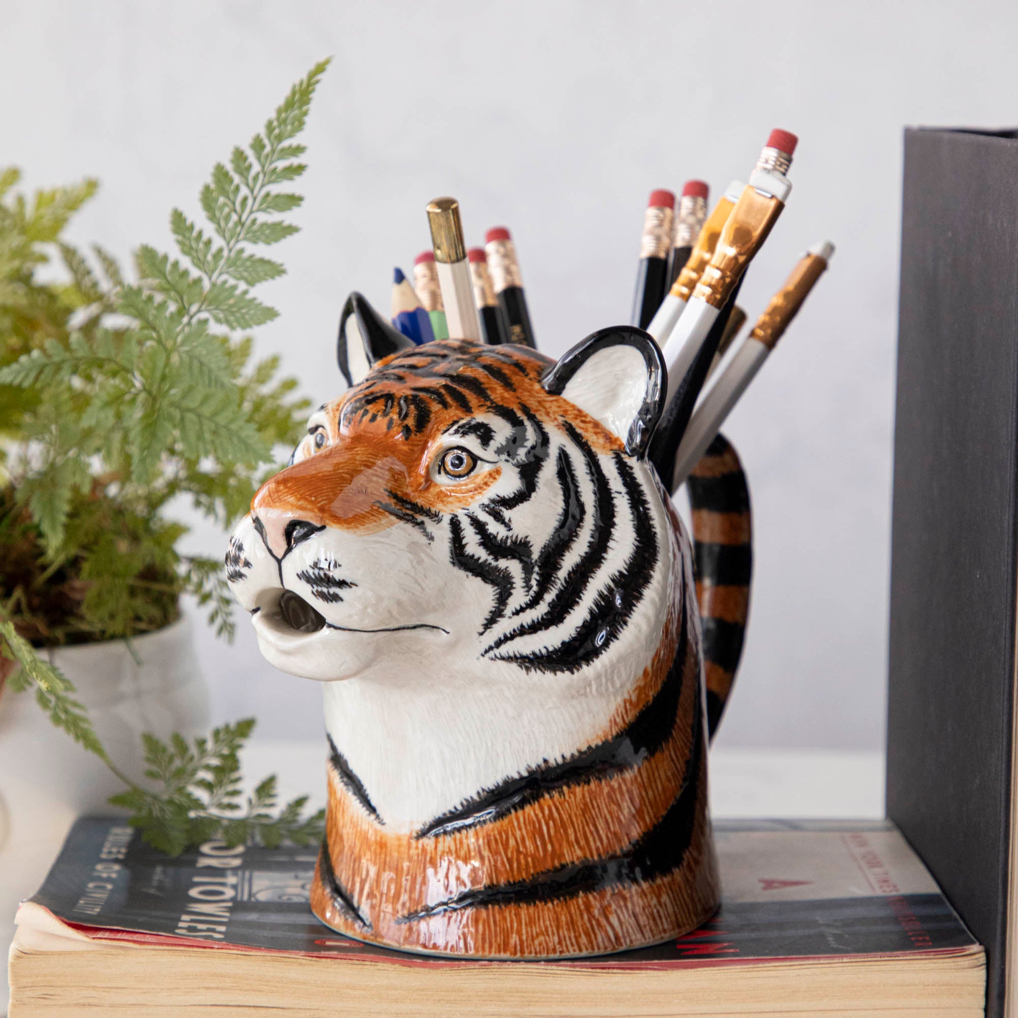 A set of quirky Quail tiger ceramic vases on a wooden table.