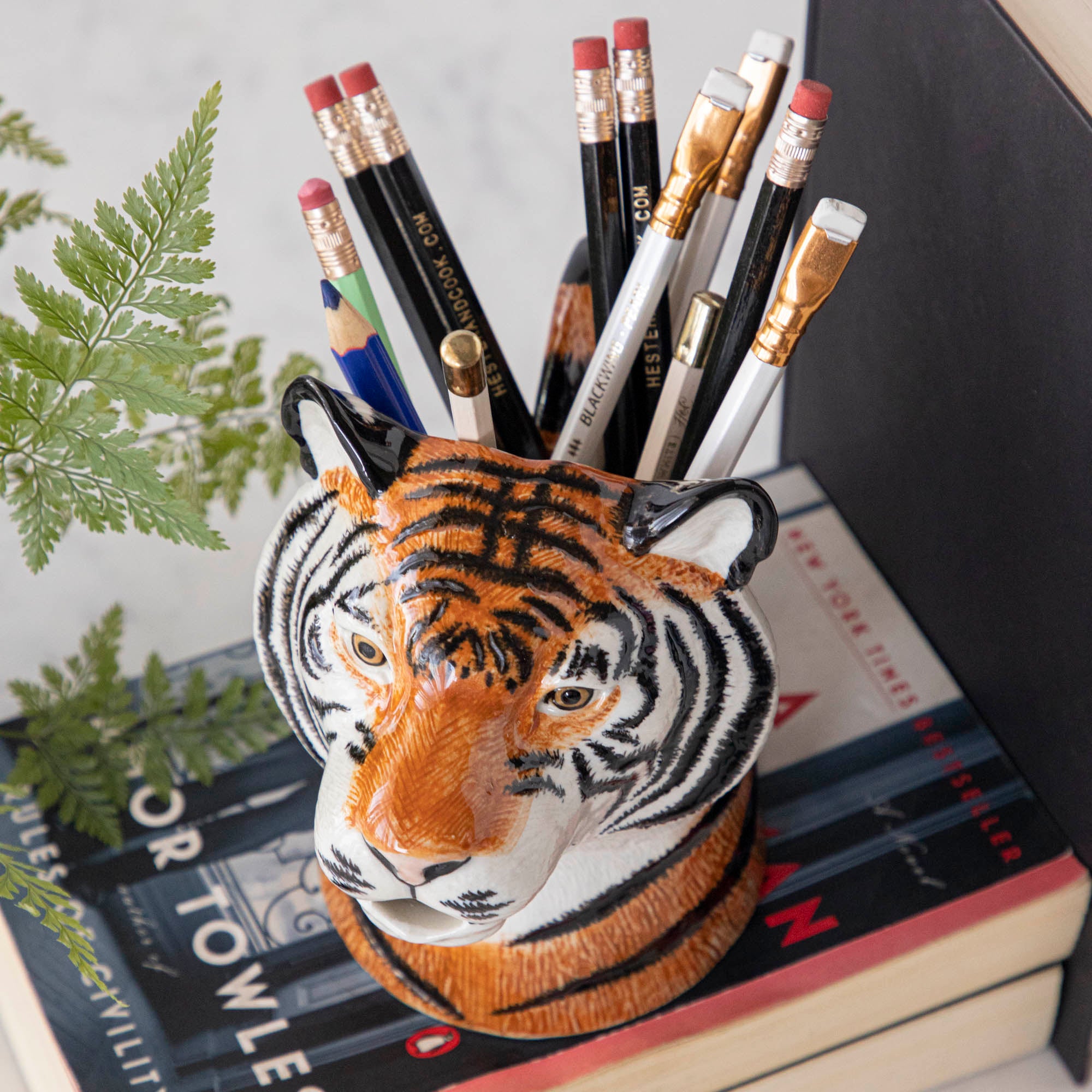 A set of quirky Quail tiger ceramic vases on a wooden table.