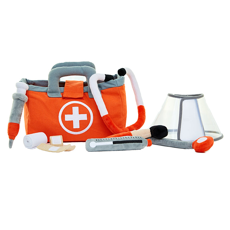 A Pretend Play Doctor & Vet Set with a stethoscope, syringe, bandages, thermometer, reflex tool, cone, and a carrying bag.
