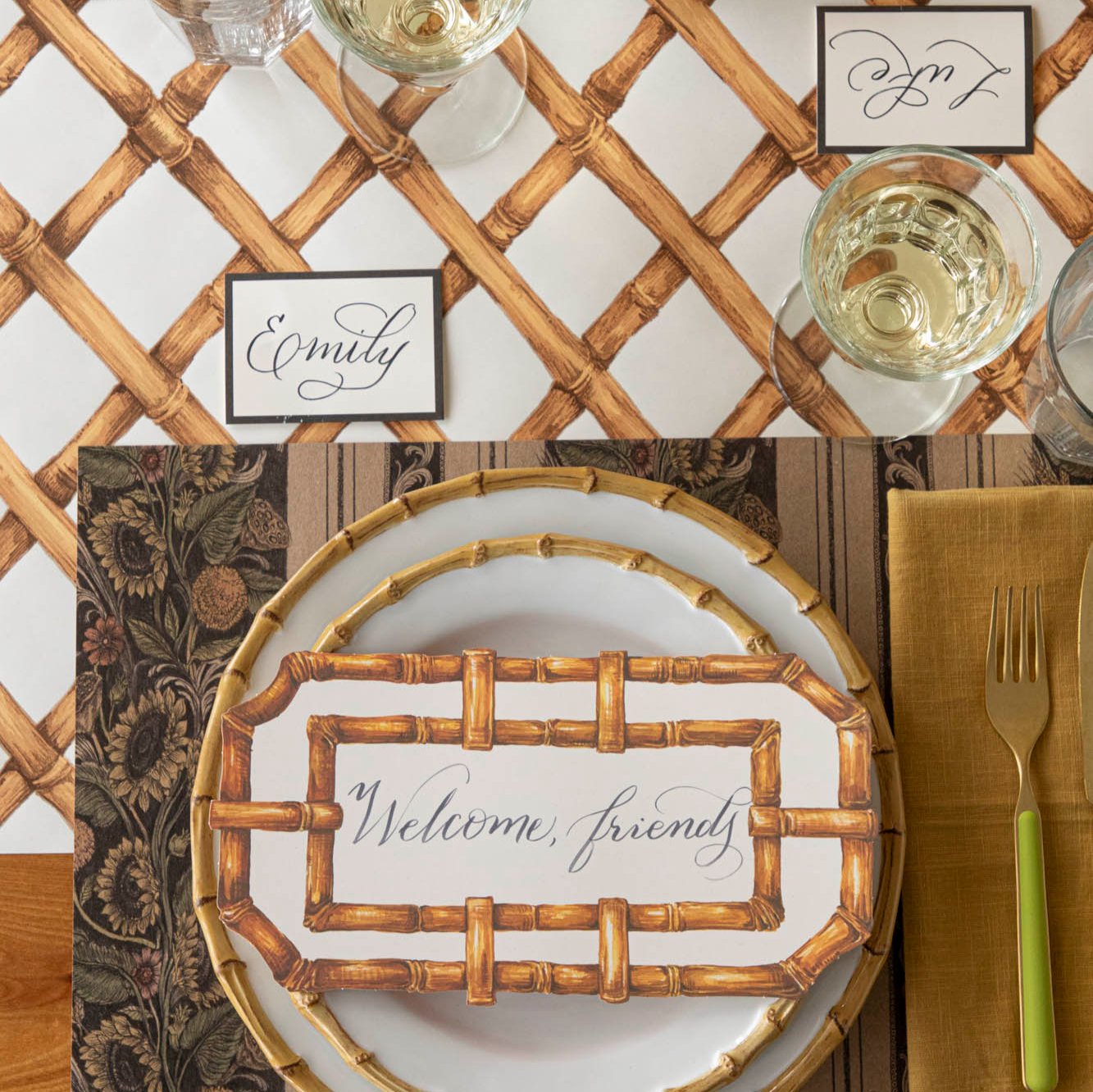 Bamboo Lattice Runner under a place setting of the Vintage Sunflower Stripe Placemat.