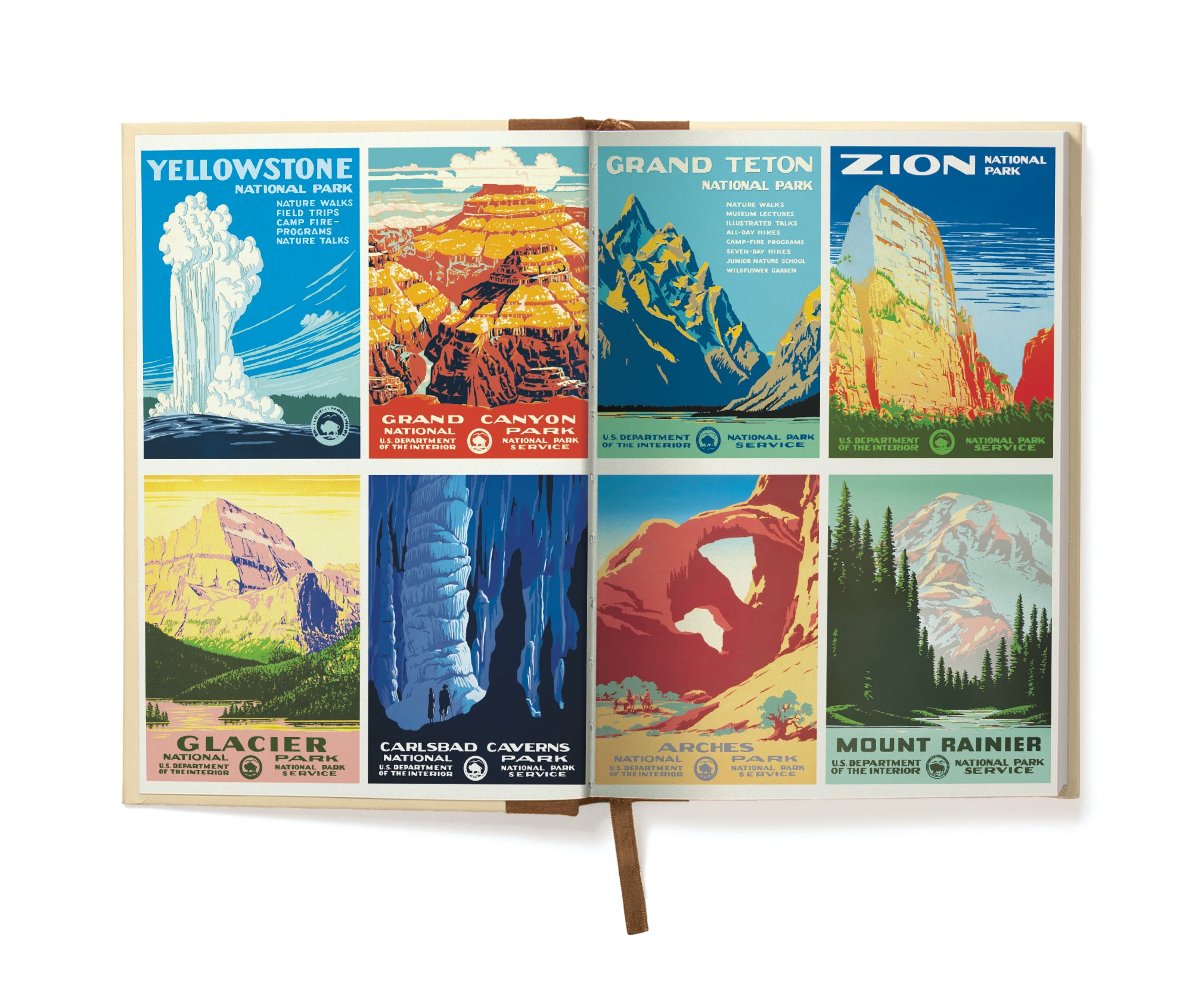 Set of National Park posters displayed on a stand with various landscapes.