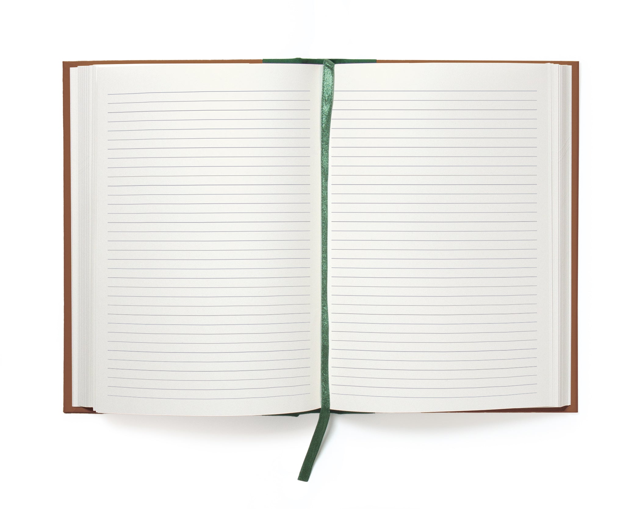 Open notebook with lined pages and a green ribbon on a white background.