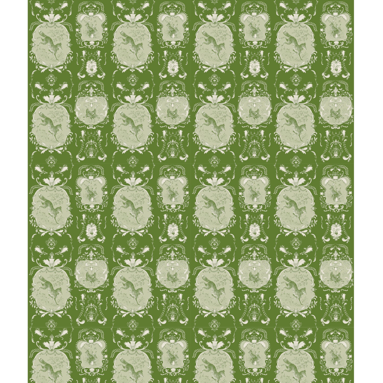 A Moss Fable Toile Wallpaper with birds on it, radiating elegance by Hester & Cook.