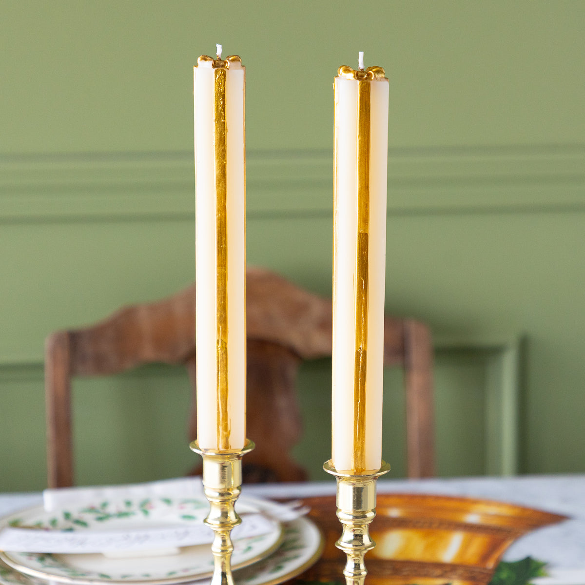 Unscented Cream & Gold Present Shaped Taper Candles Set of 2