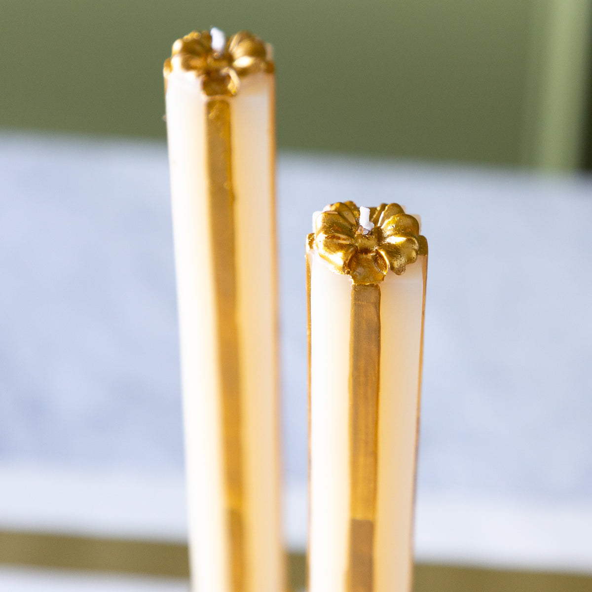 Unscented Cream & Gold Present Shaped Taper Candles Set of 2