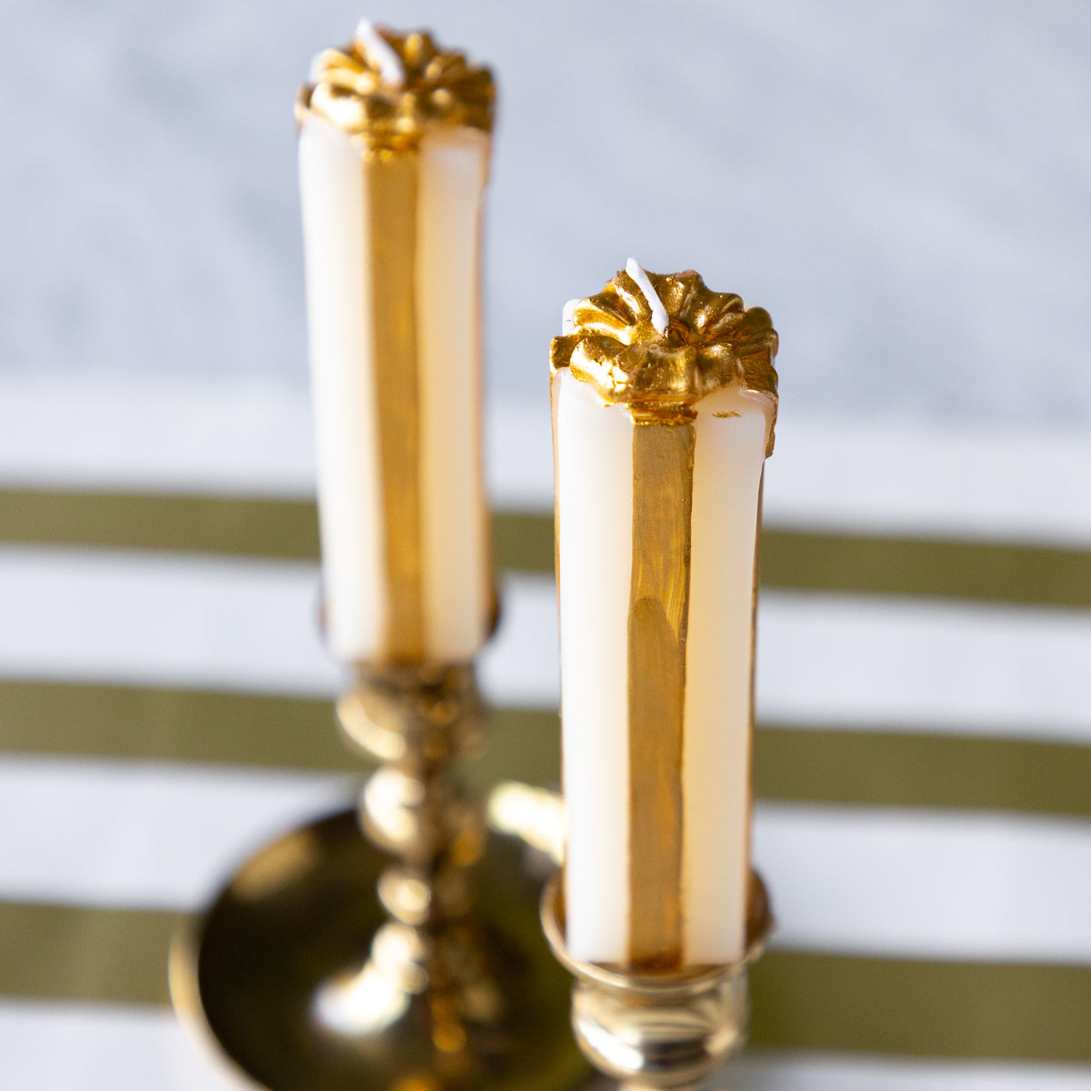 Unscented Cream & Gold Present Shaped Taper Candles Set of 2