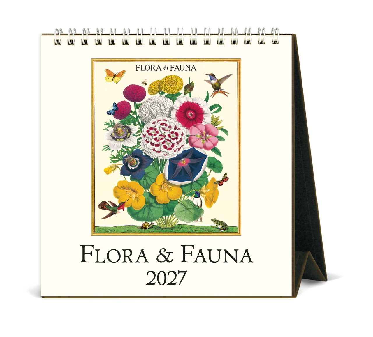 A desk calendar featuring vintage artwork of flora and fauna.