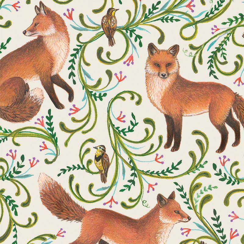 A square cocktail napkin featuring an illustrated pattern of foxes and birds with decorative foliage on a light background.