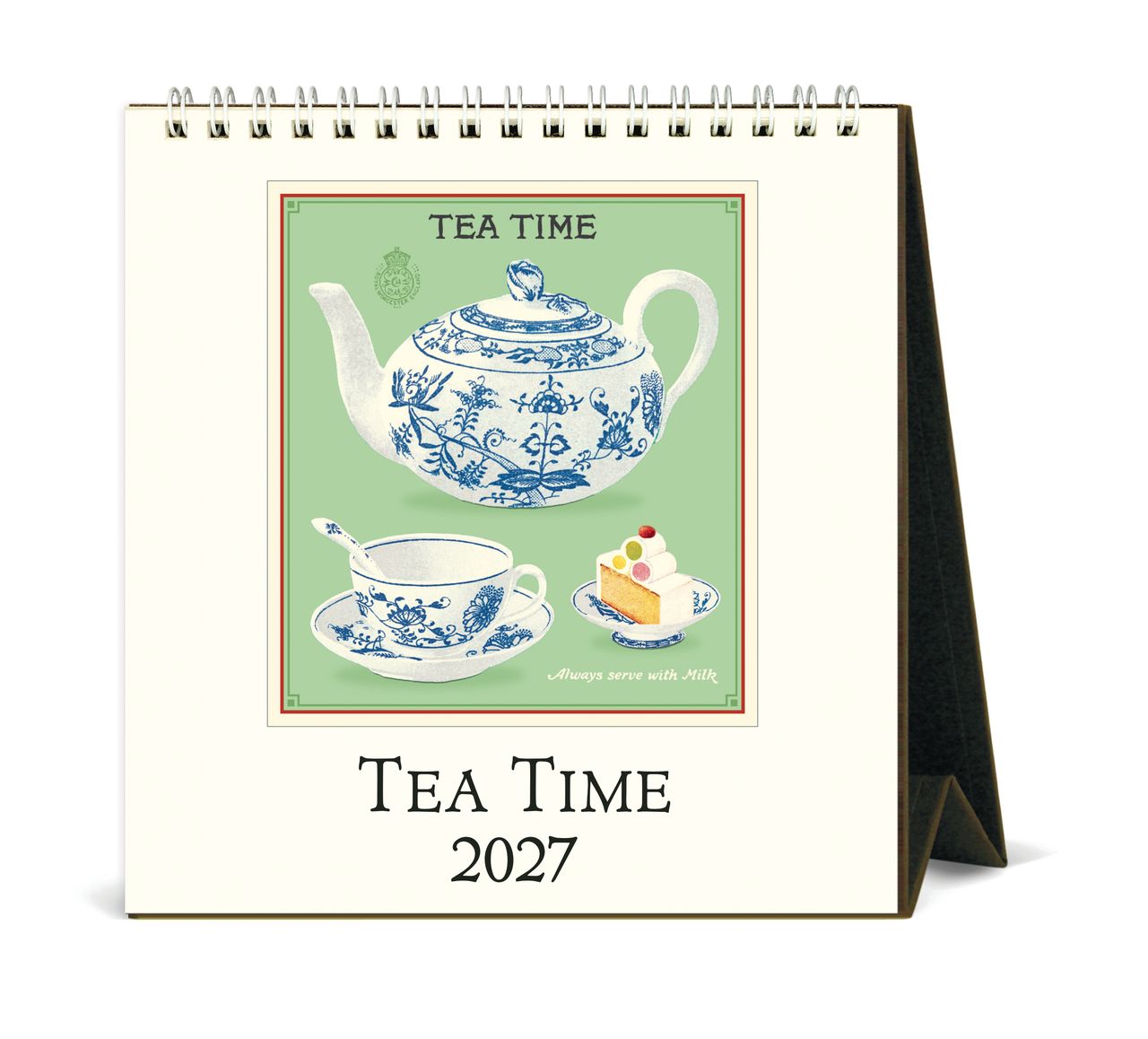 Tea-themed calendar with a teapot illustration on a white background