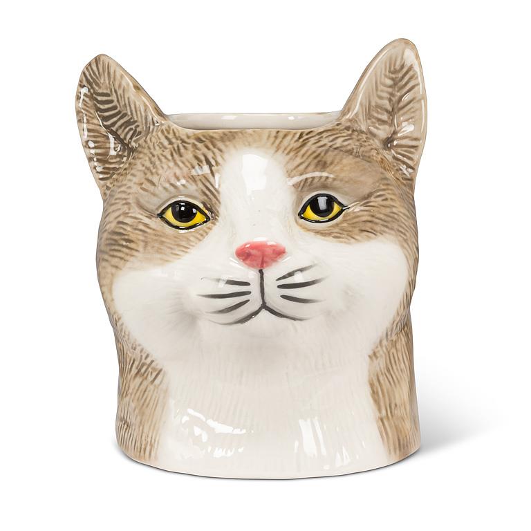 Cat-shaped planter in brown and white on a white background