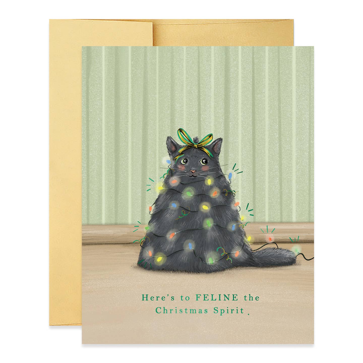 Greeting card with an illustration of a cat wrapped in Christmas lights. At the bottom it says "Here&