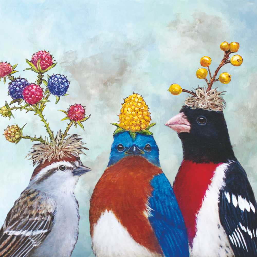 Bev Berry Festival Napkin featuring artwork by Vicki Sawyer depicting 3 birds with various fruits on their heads.