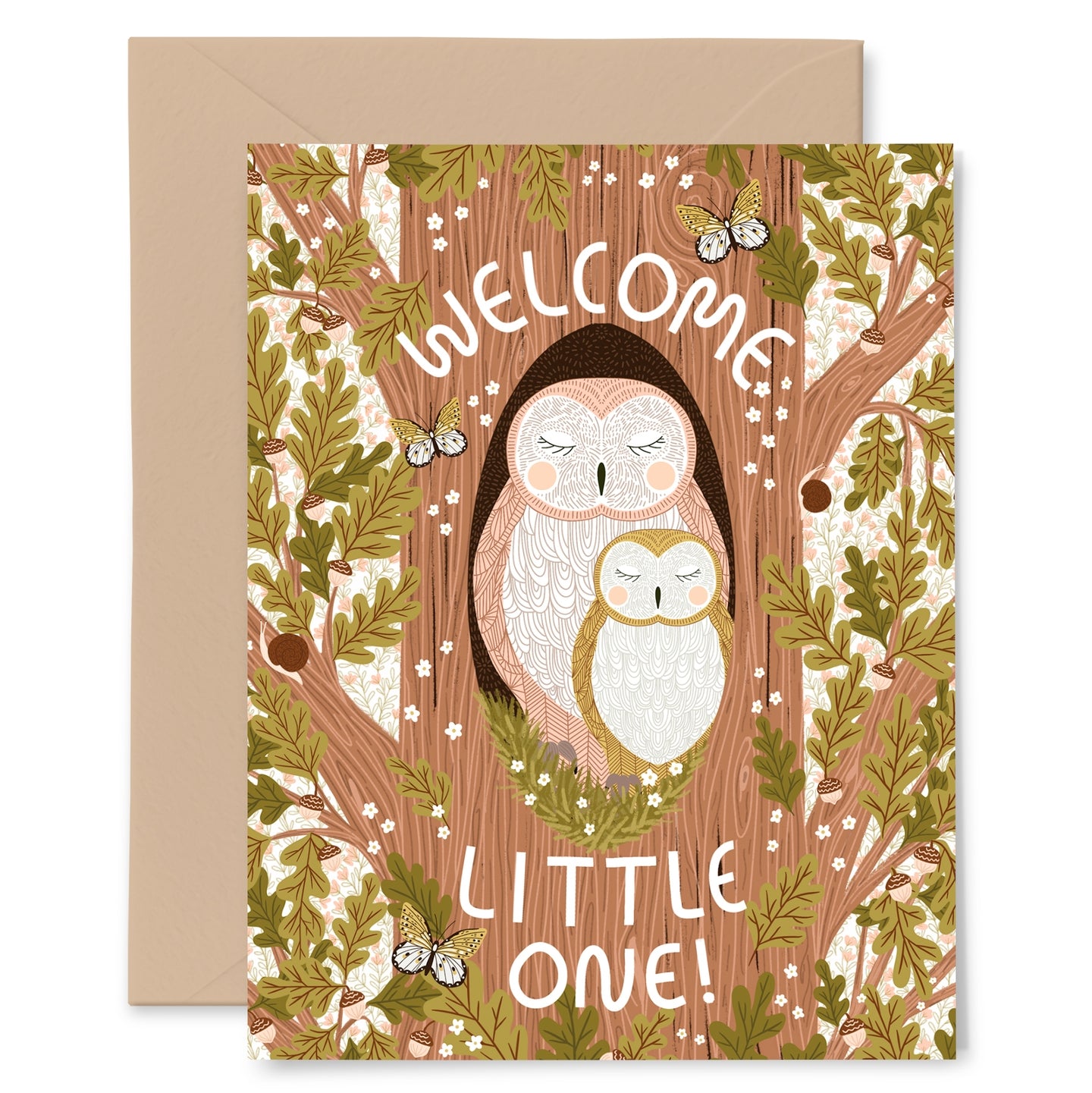 Welcome little one baby card featuring artwork of a mama and baby owl in a tree.