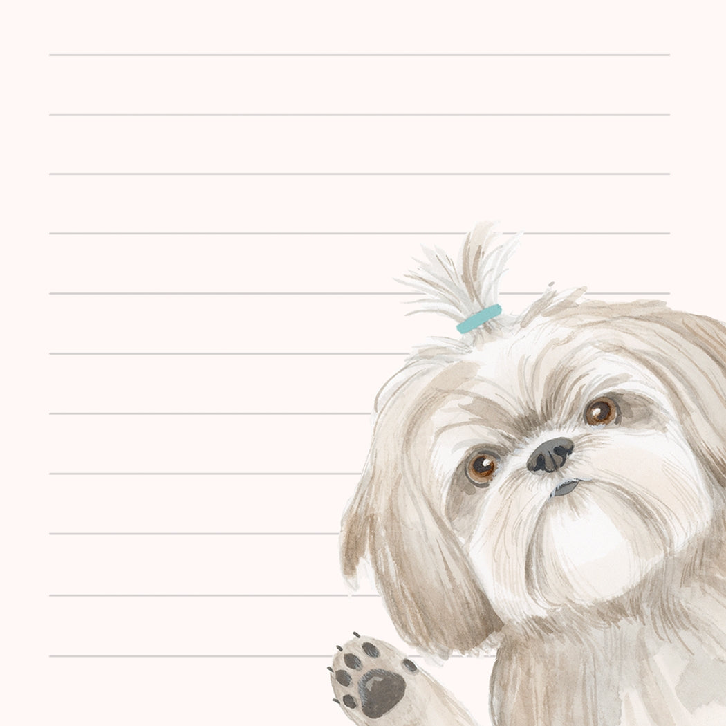 A lined notepad with an illustration of a shih tzu dog in the corner waving. At the top of the notepad is printed "Shihtz to do".