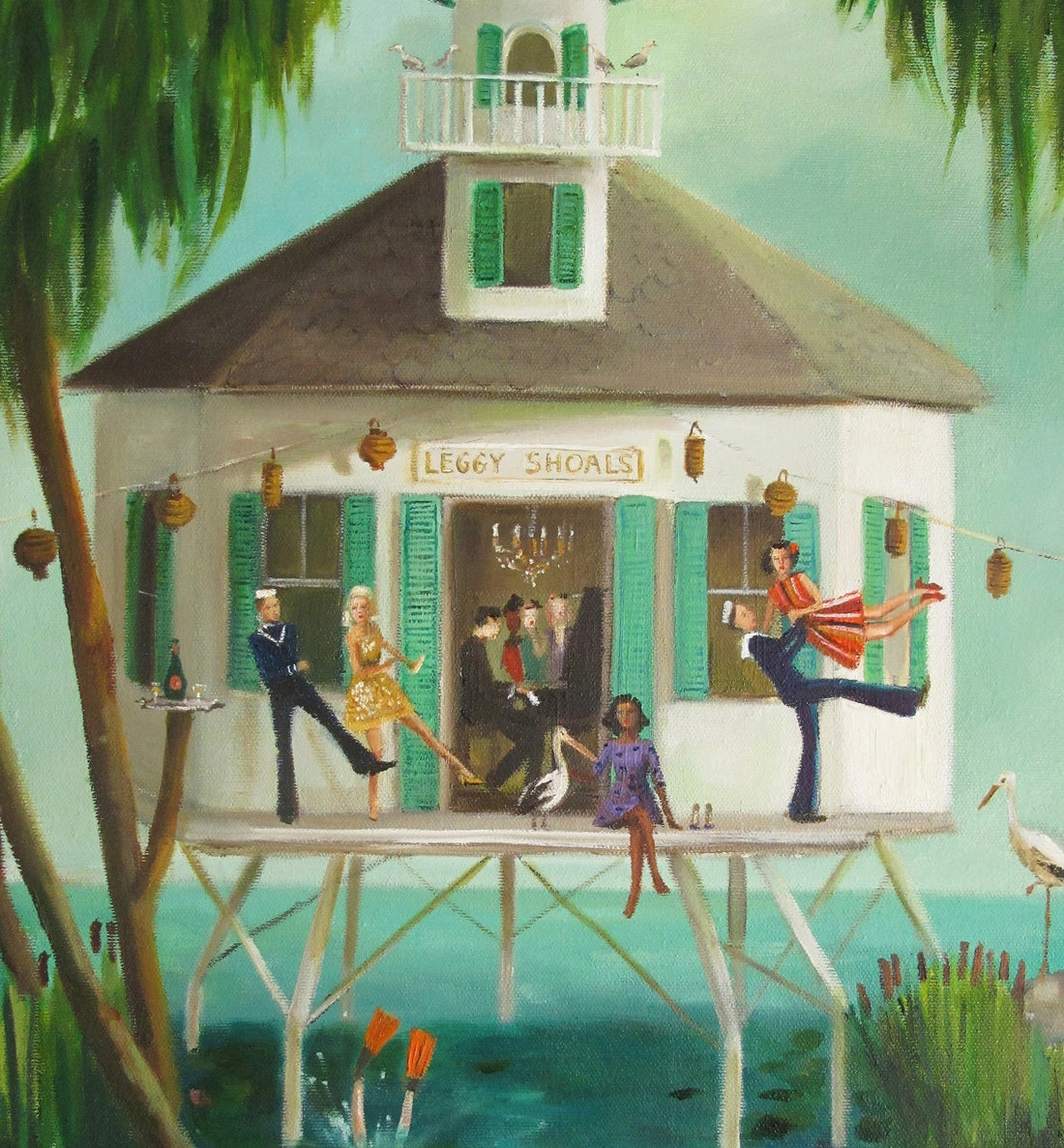 Close-up of a painting by Janet Hill, a Canadian fine artist, of A Dive Bar Called Leggy Shoals Small Art Print with people on it.
