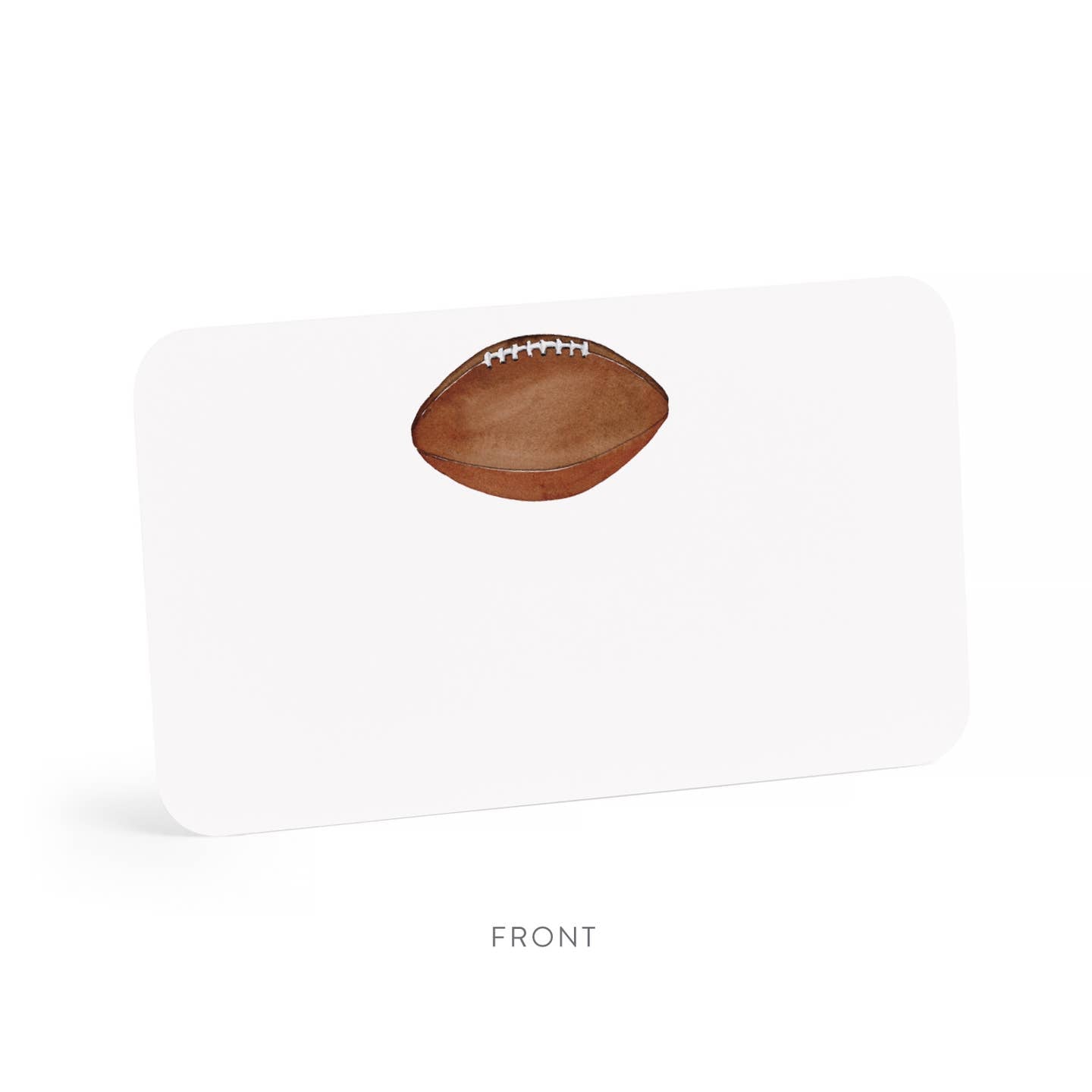 White card with a brown football design on a white background