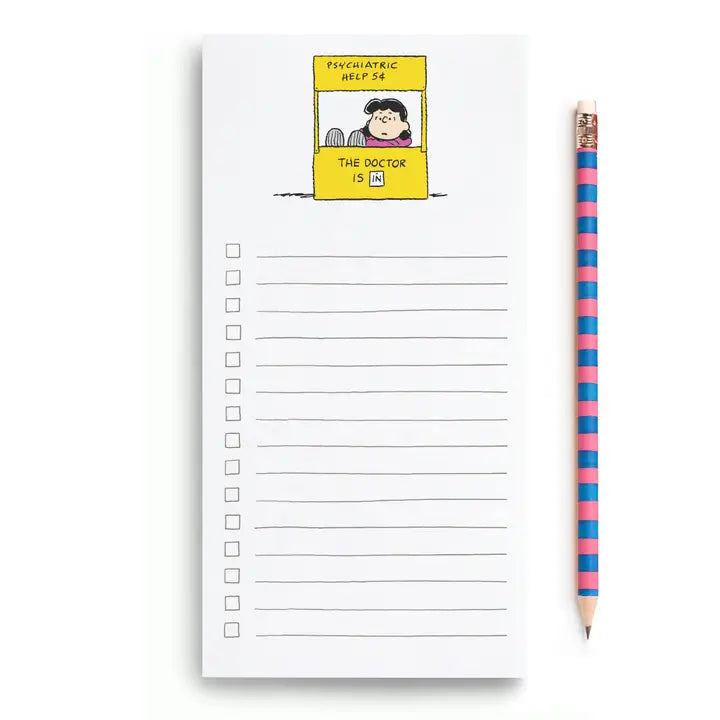 A white notepad with a checklist on the left side and lined writing space on the right. The top of the pad features a small illustration of The Peanuts&