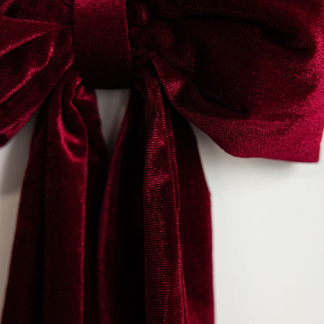 Close-up of a red velvet bow on a white background.