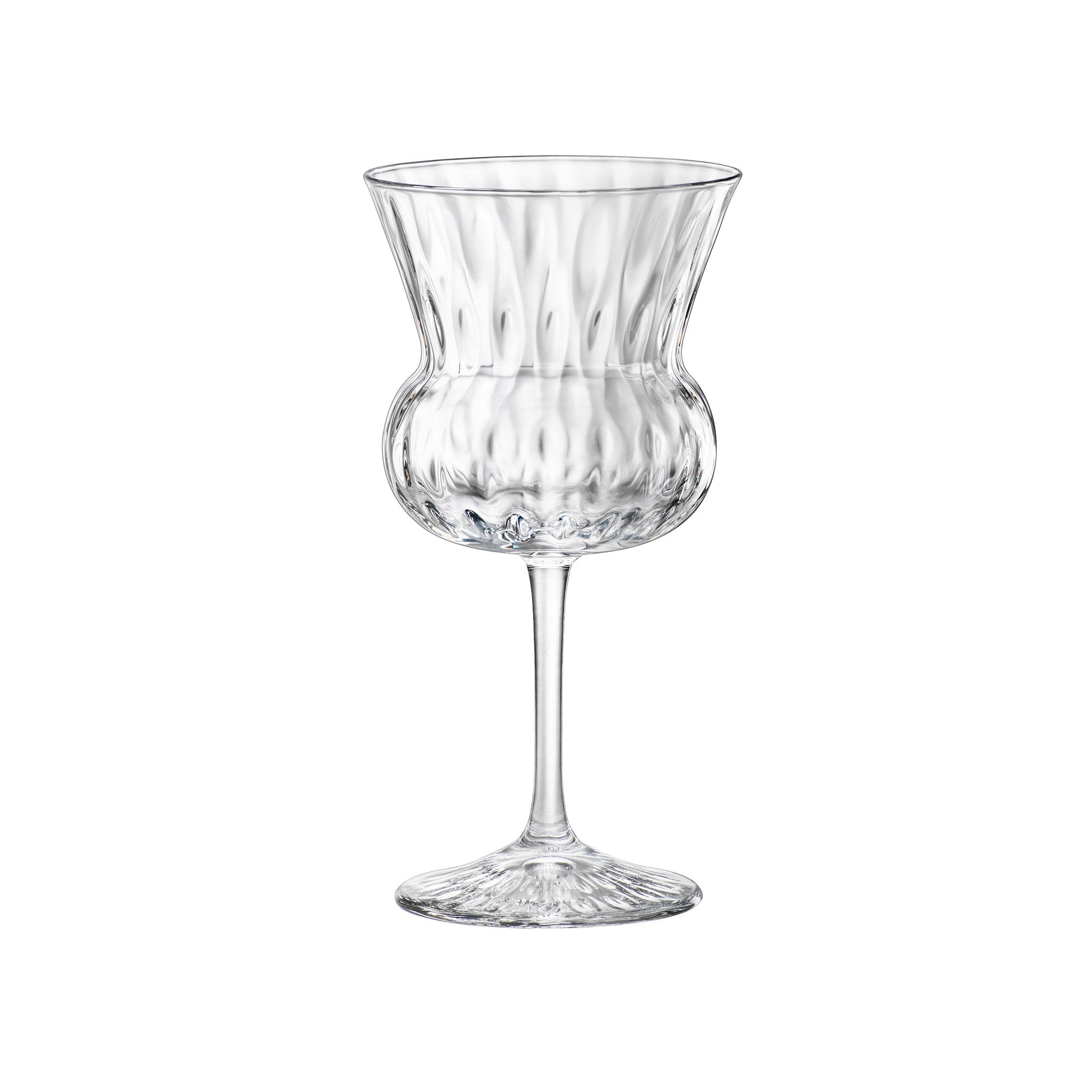 A clear cut-crystal goblet with a flared rim, vertical ribbed texture, and a slender stem on a plain white background.