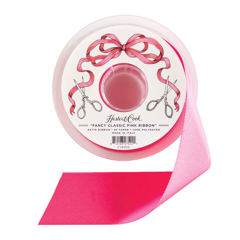 A spool of pink ribbon by Hester Cook on a white background.