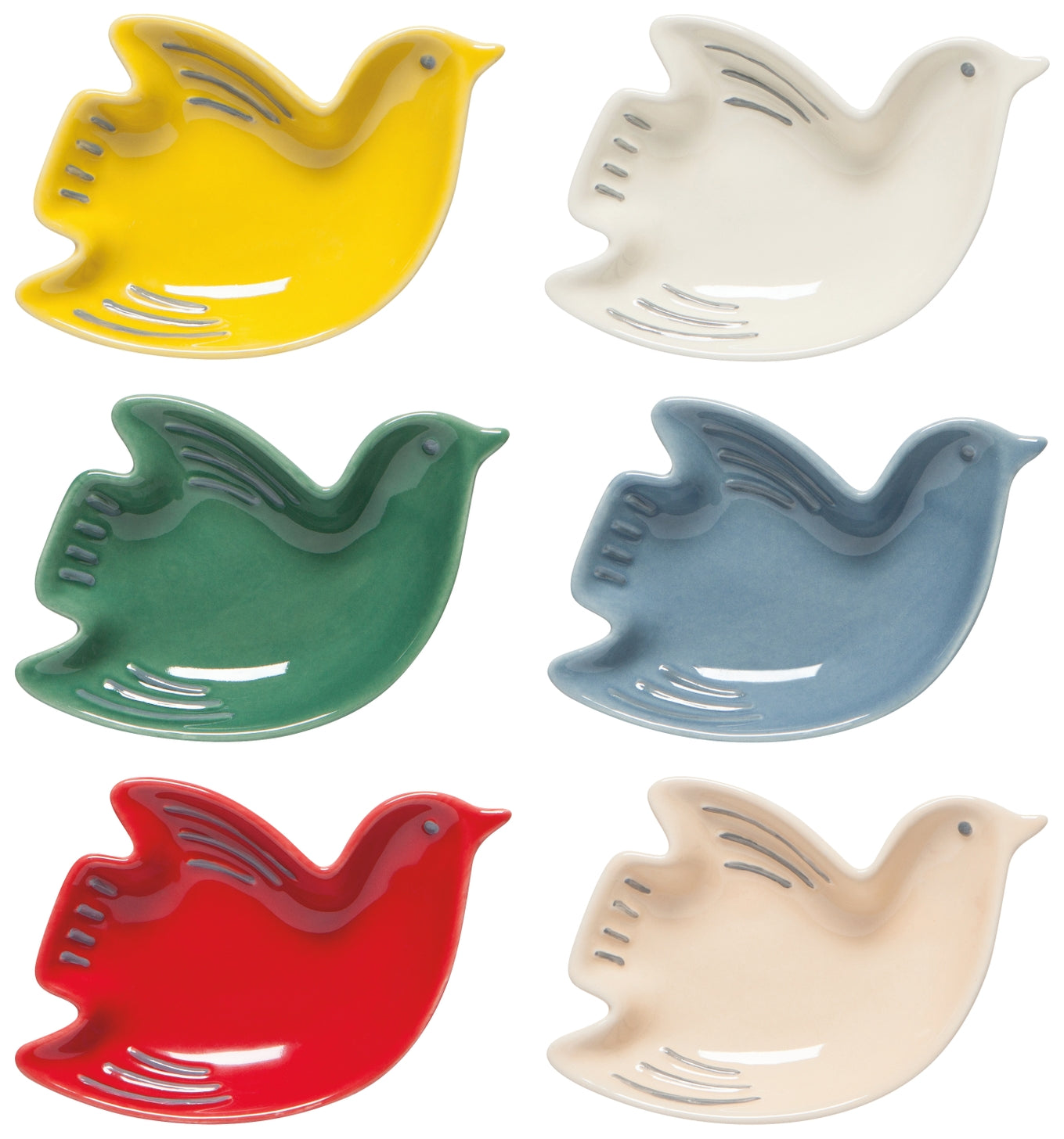 Set of six ceramic bird-shaped bowls in different colors on a white background