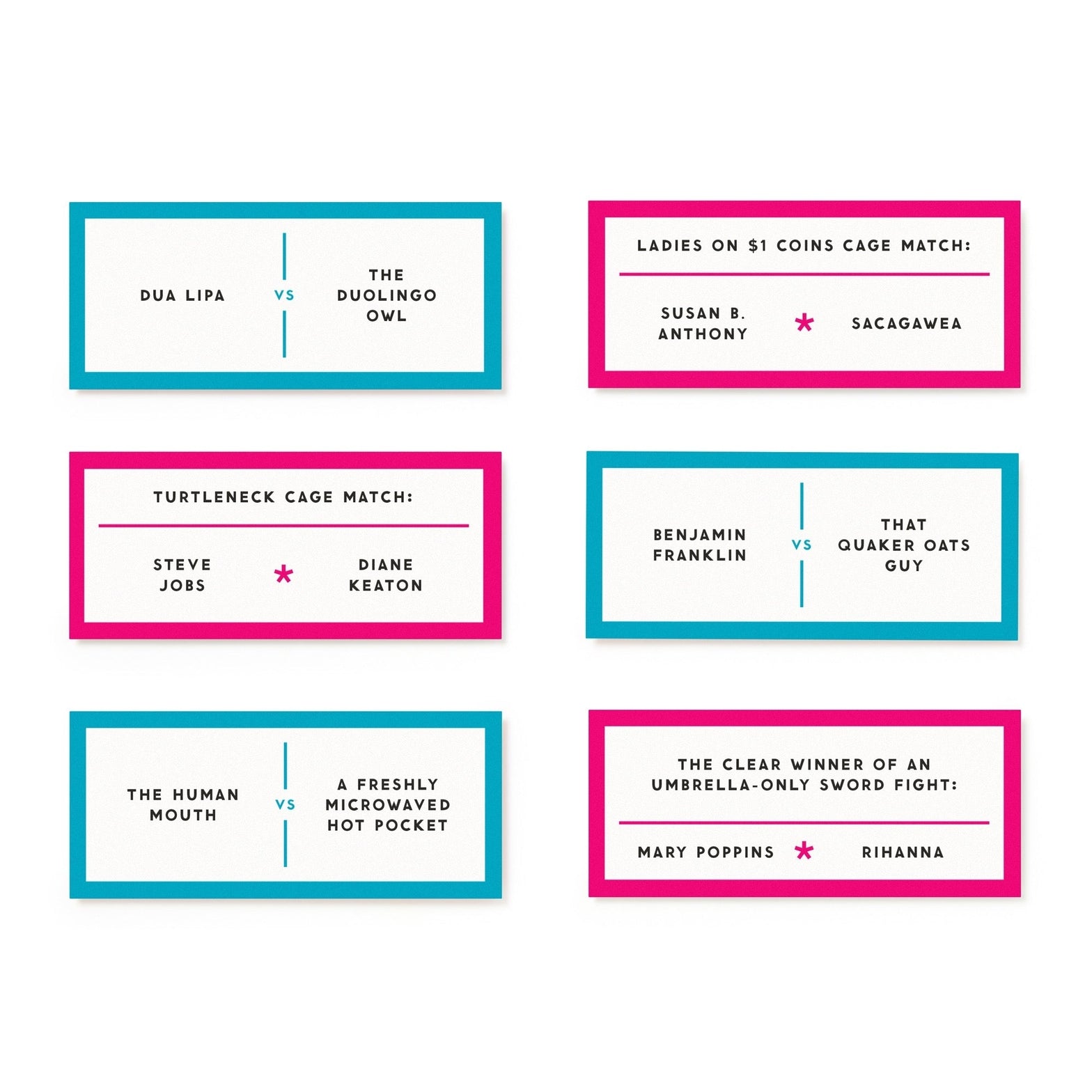 Set of humorous name tag cards with various comparisons and names on a white background.