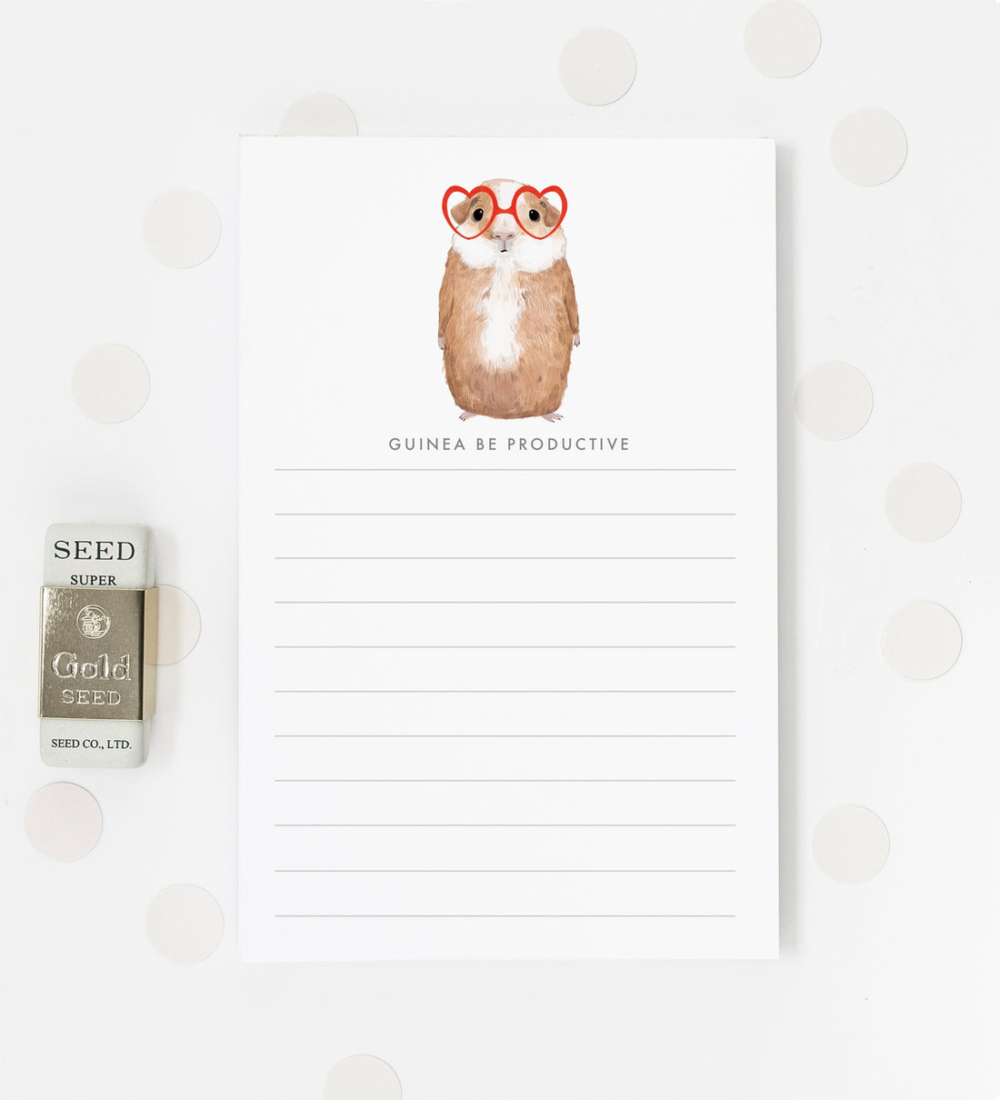A Dear Hancock Guinea Be Productive Notepad with a Guinea pig in heart-shaped glasses and text that reads &quot;Guinea Be Productive&quot;.