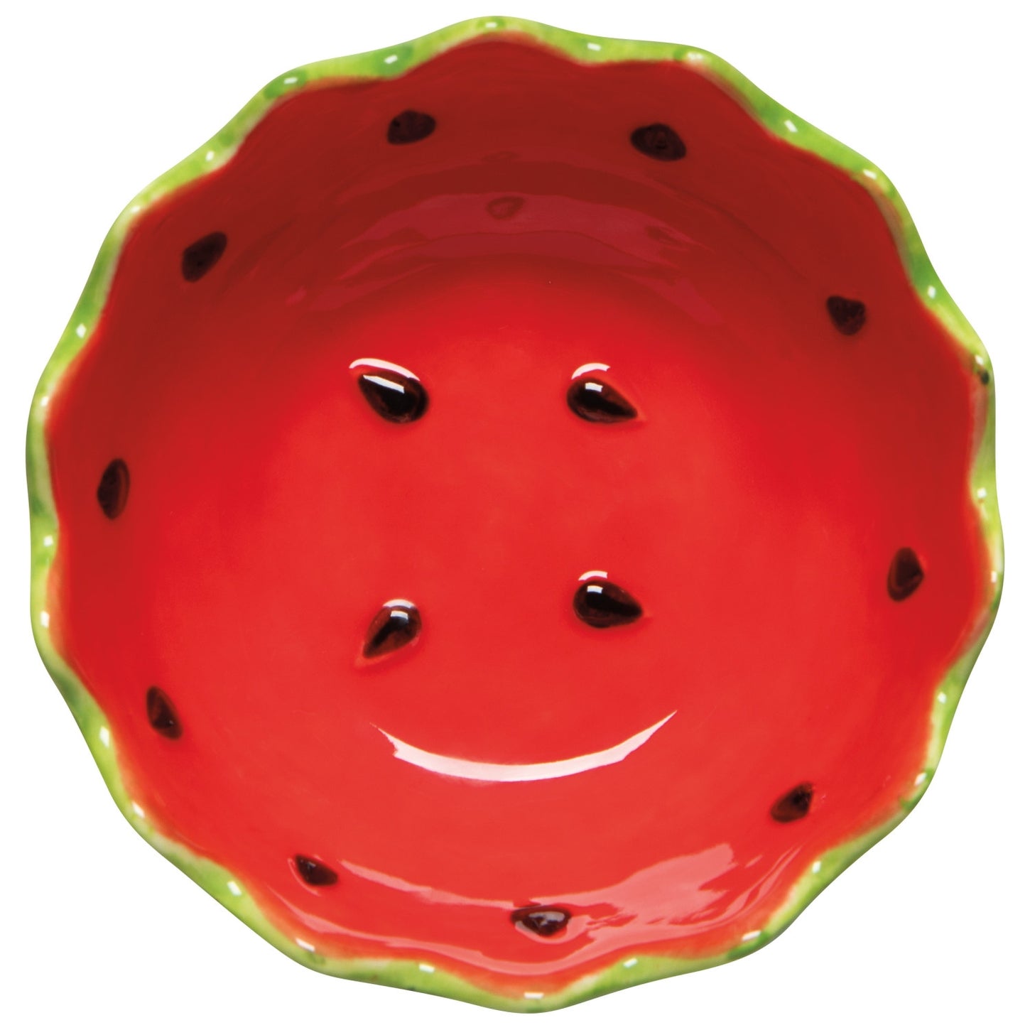 Ceramic bowl designed to look like a watermelon with red body, green rind, and black seeds.