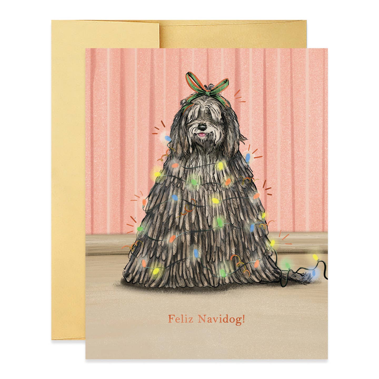 Greeting card with an illustration of a dog wrapped in Christmas lights. At the bottom in gold font it says "Feliz Navidog!"