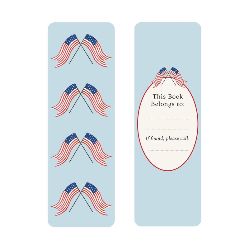 Front and back views of a bookmark with blue background and American flag pattern, one side has a label for personalization.