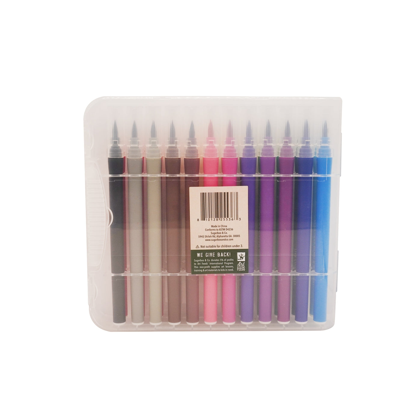 Back of container holding watercolor brush pens.