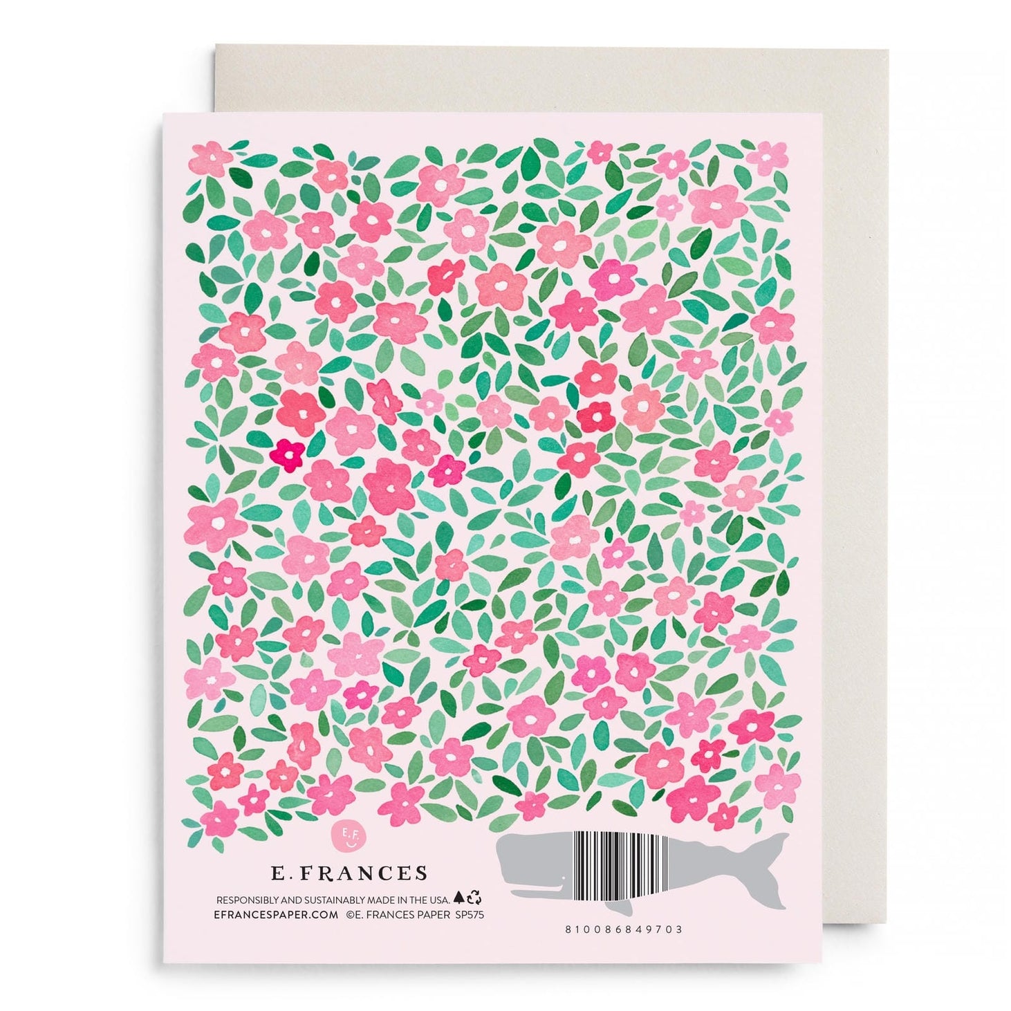 Greeting card with floral pattern and E. Frances branding on a white background.
