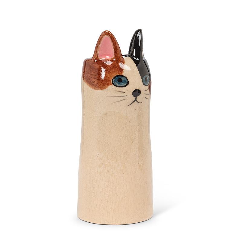 Cat-shaped ceramic vase on a white background