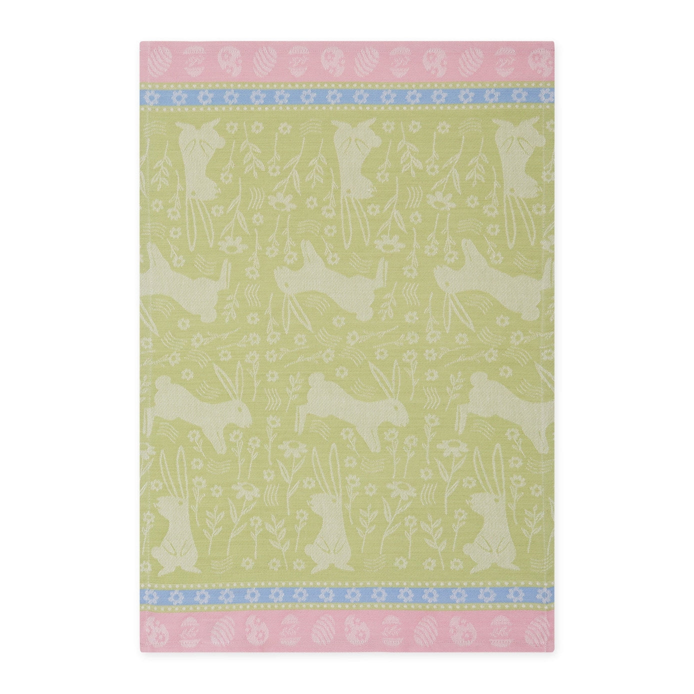 Patterned towel with bunny design on a light green background.
