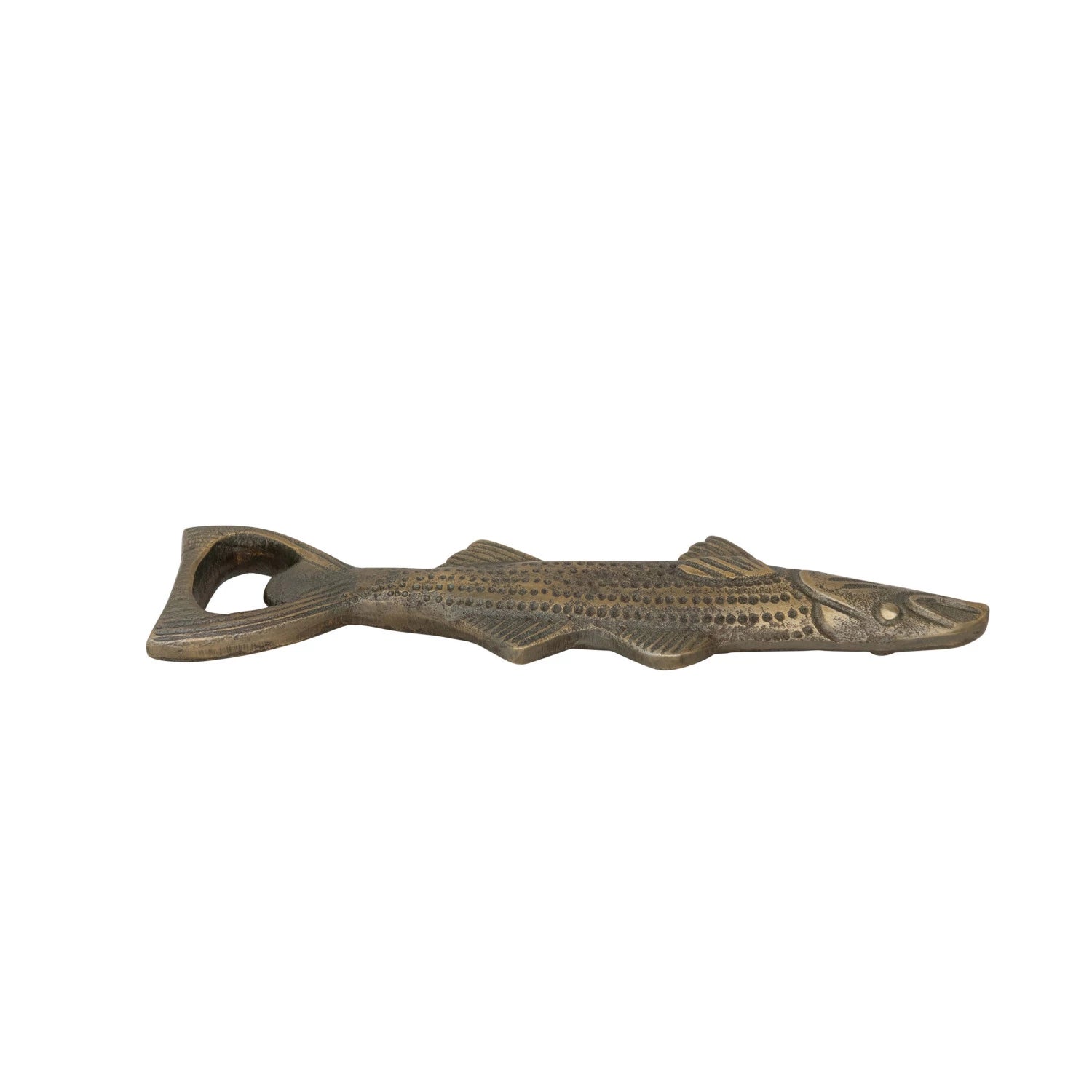 Bronze fish-shaped bottle opener on a white background.