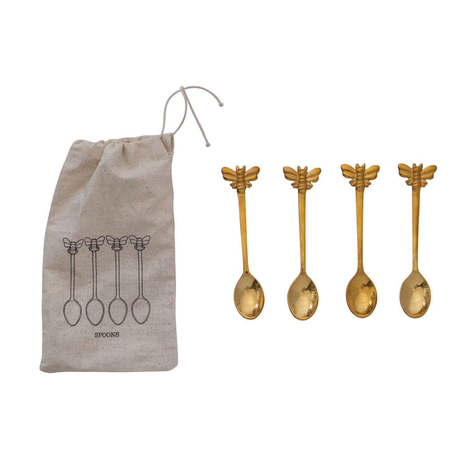 Brass Bee Spoons, Set of 4 in Printed Drawstring Bag