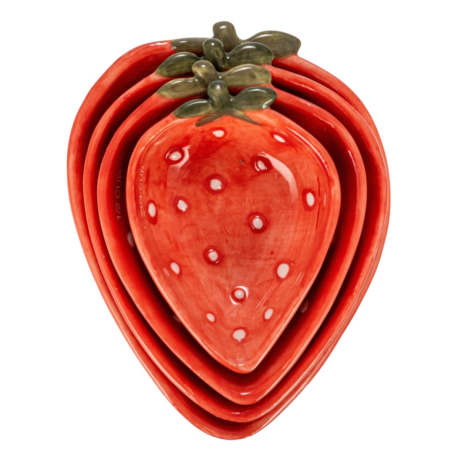 Set of strawberry-shaped ceramic measuring cups on a white background.
