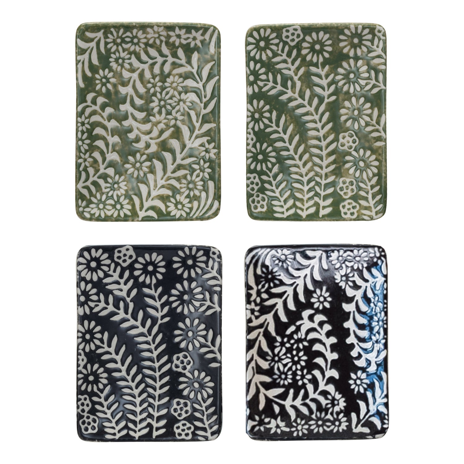 Stoneware Dish w/ Wax Relief Botanicals, 2 Colors, 2 Styles