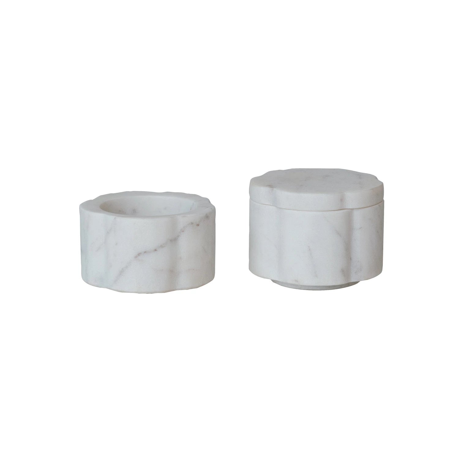 Two marble-textured containers on a white background